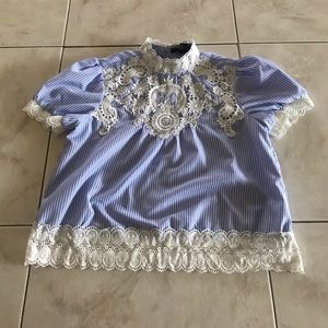 FOREVER 21 Light blue pin-striped lace blouse